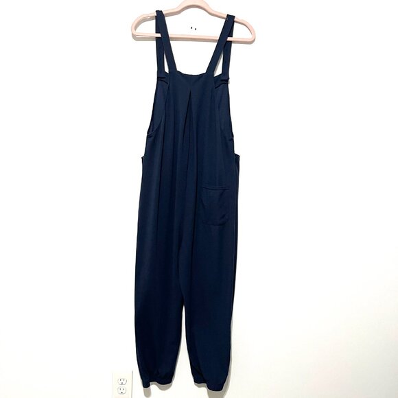 Halara Womens Waffle Knit Jogger Bib Overalls L Navy Jumpsuit Loungewear Comfy - Picture 2 of 8